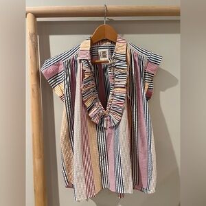 A Shirt Thing Logan striped ruffle front short sleeve pink melon blouse sz s